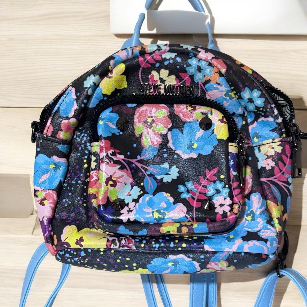 Steve Madden Mini Backpack Kids Crossbody Bag Floral Blue Faux Leather Pink